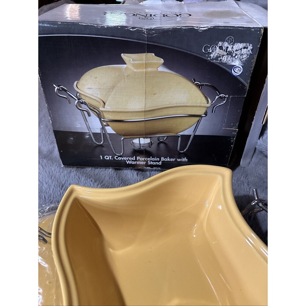 Godinger Sienna 1 Qt Buttercup Yellow Flower Shape Chafing Dish w/ Lid New Open